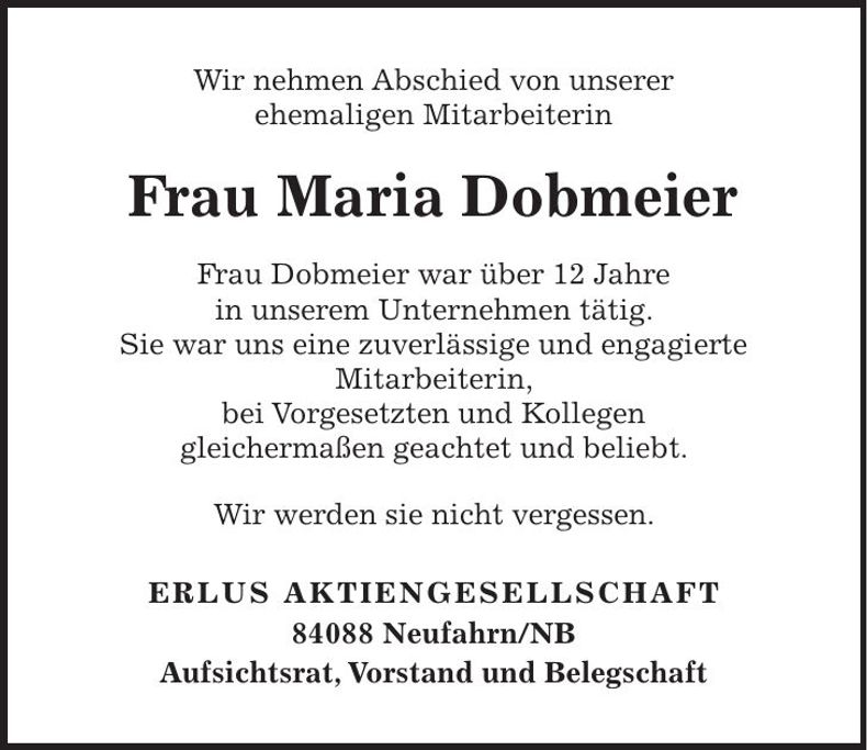 Traueranzeige Maria Dobmeier