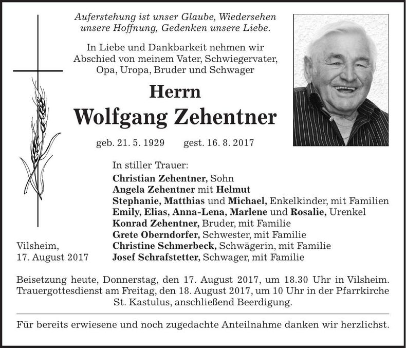 Traueranzeige Wolfgang Zehentner