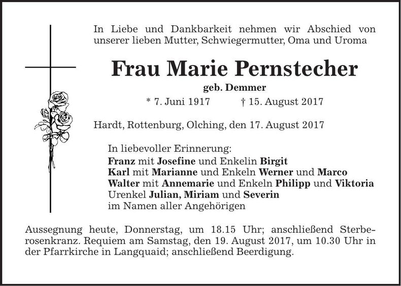 Traueranzeige Marie Pernstecher