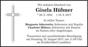 Traueranzeige Gisela Hübner