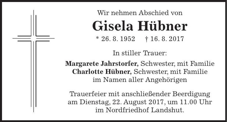 Traueranzeige Gisela Hübner