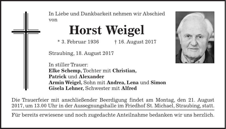 Traueranzeige Horst Weigel