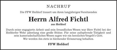 Traueranzeige Alfred Fichtl