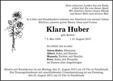 Traueranzeige Klara Huber