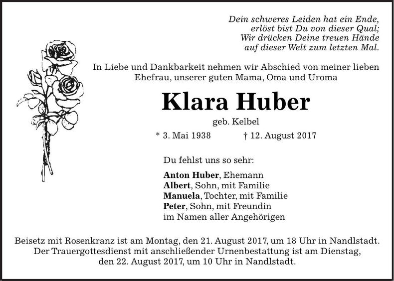 Traueranzeige Klara Huber