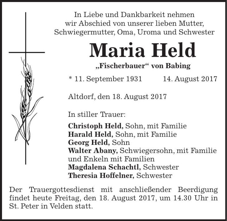 Traueranzeige Maria Held