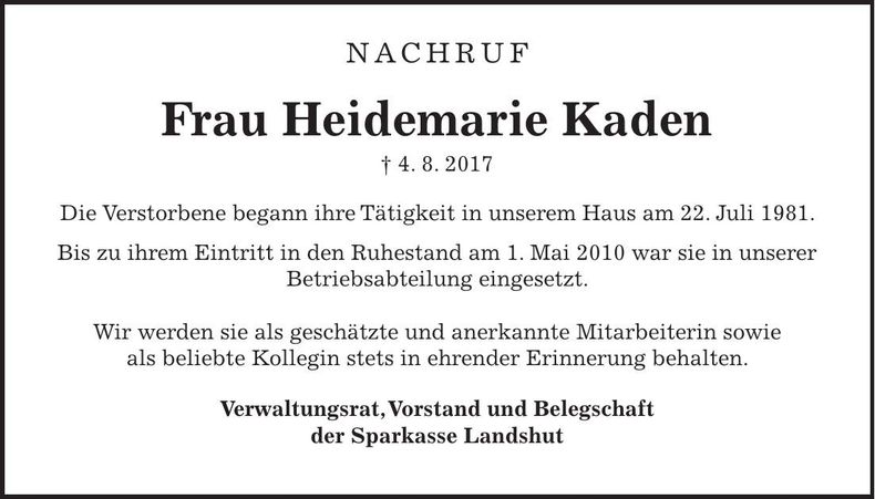 Traueranzeige Heidemarie Kaden