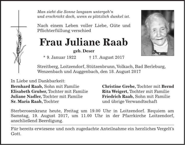Traueranzeige Juliane Raab