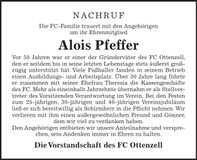 Traueranzeige Alois Pfeffer