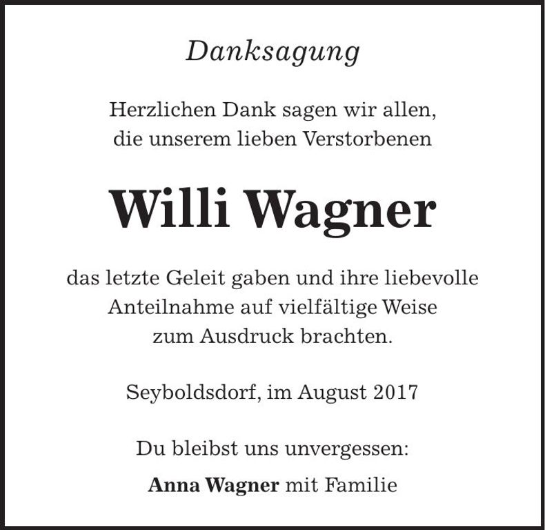 Traueranzeige Willi Wagner