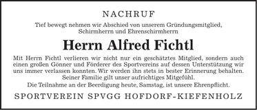 Traueranzeige Alfred Fichtl