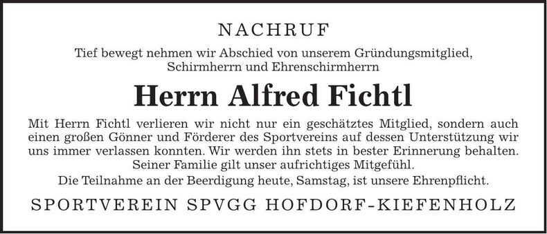 Traueranzeige Alfred Fichtl