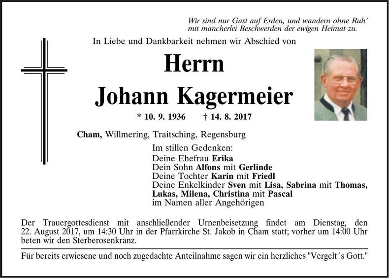 Traueranzeige Johann Kagermeier