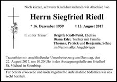 Traueranzeige Siegfried Riedl