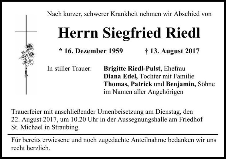Traueranzeige Siegfried Riedl