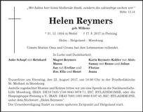 Traueranzeige Helen Reymers