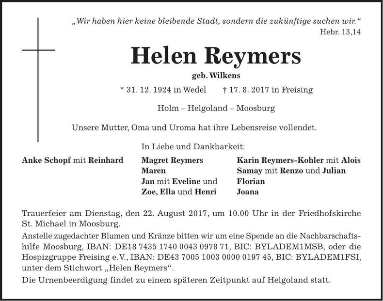 Traueranzeige Helen Reymers