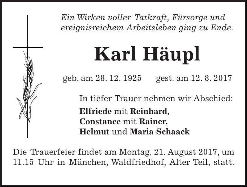 Traueranzeige Karl Häupl