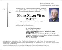 Traueranzeige Franz Xaver Vitus Zelzer