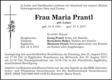 Traueranzeige Maria Prantl