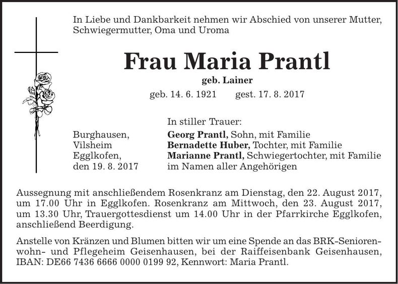 Traueranzeige Maria Prantl