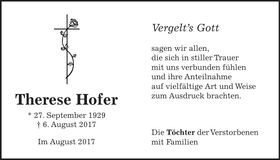 Traueranzeige Therese Hofer