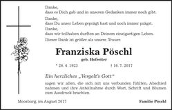 Traueranzeige Franziska Pöschl