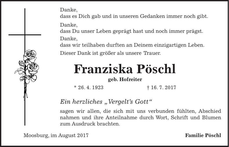 Traueranzeige Franziska Pöschl
