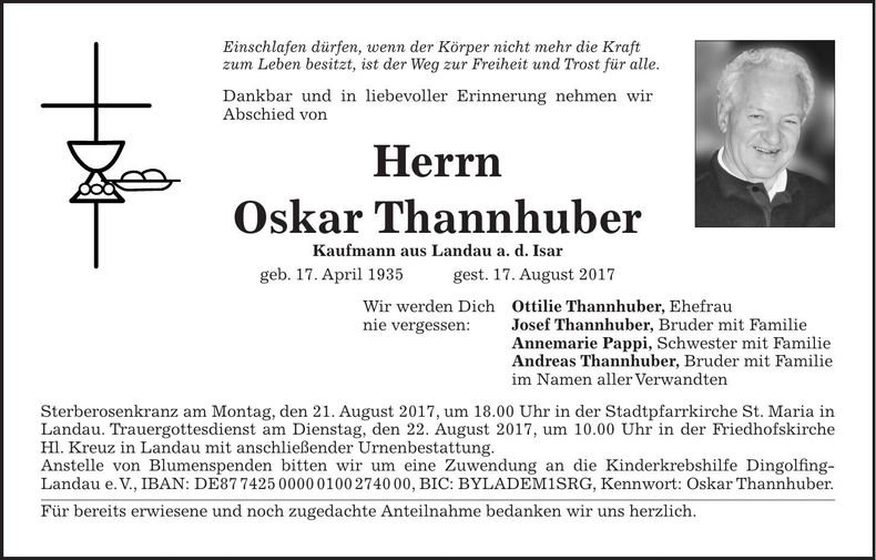Traueranzeige Oskar Thannhuber