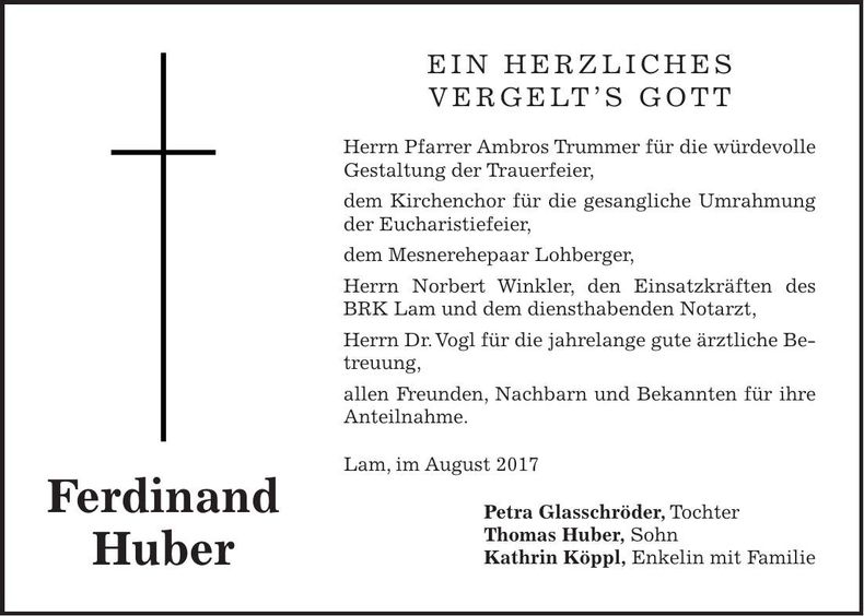 Traueranzeige Ferdinand Huber