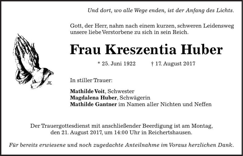Traueranzeige Kreszentia Huber