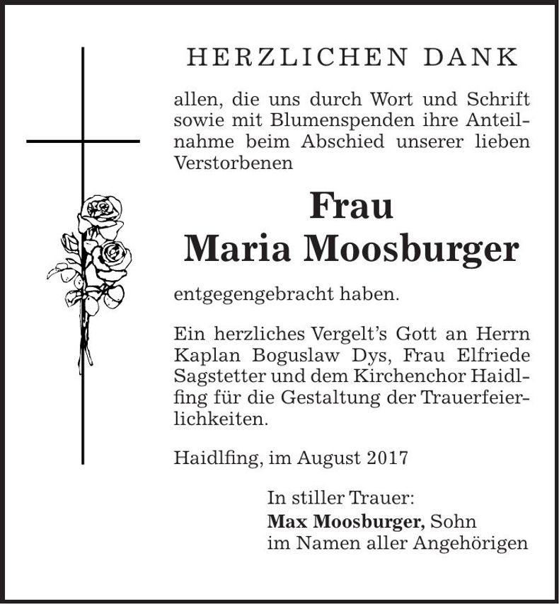 Traueranzeige Maria Moosburger