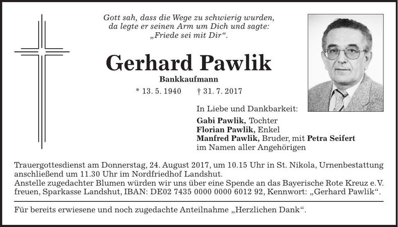 Traueranzeige Gerhard Pawlik