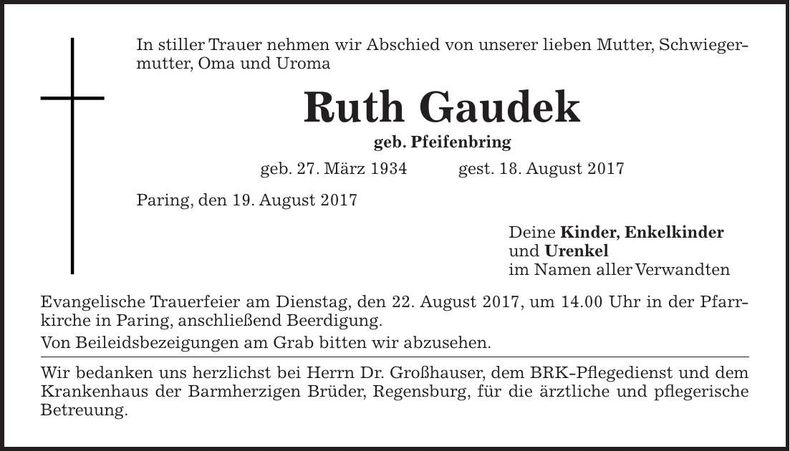 Traueranzeige Ruth Gaudek