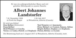 Traueranzeige Albert Johannes Landstorfer