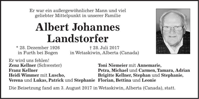 Traueranzeige Albert Johannes Landstorfer