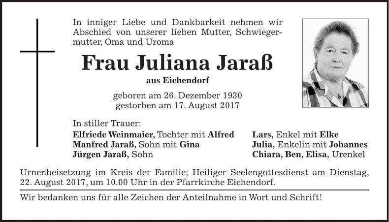 Traueranzeige Juliana Jaraß