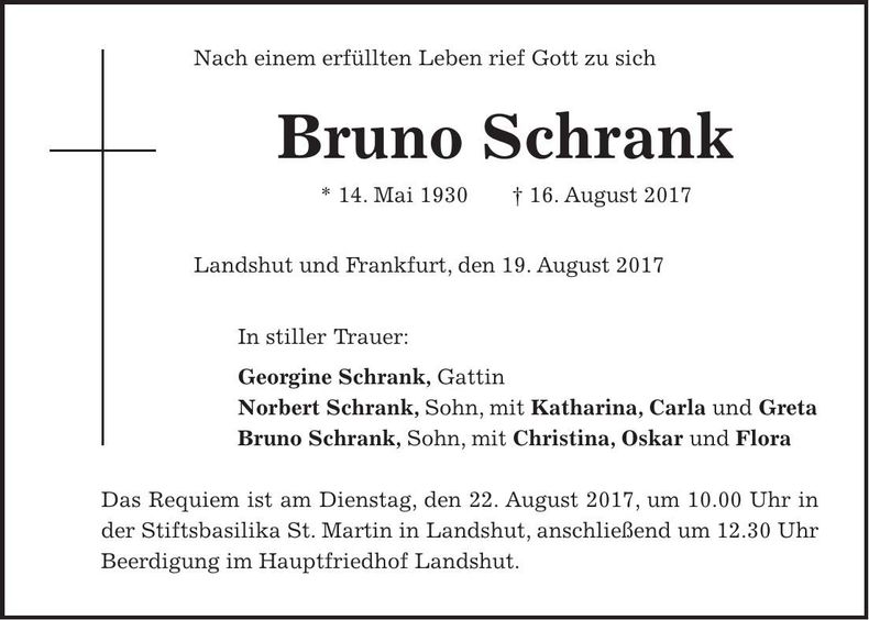 Traueranzeige Bruno Schrank