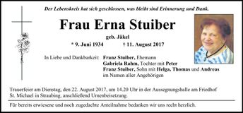 Traueranzeige Erna Stuiber