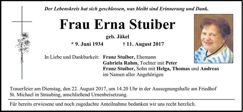 Traueranzeige Erna Stuiber