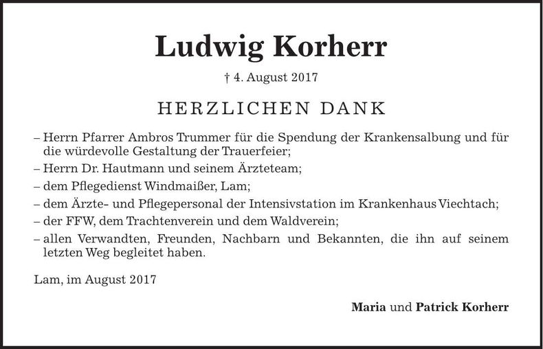 Traueranzeige Ludwig Korherr