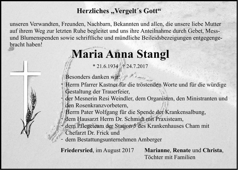 Traueranzeige Maria-Anna Stangl
