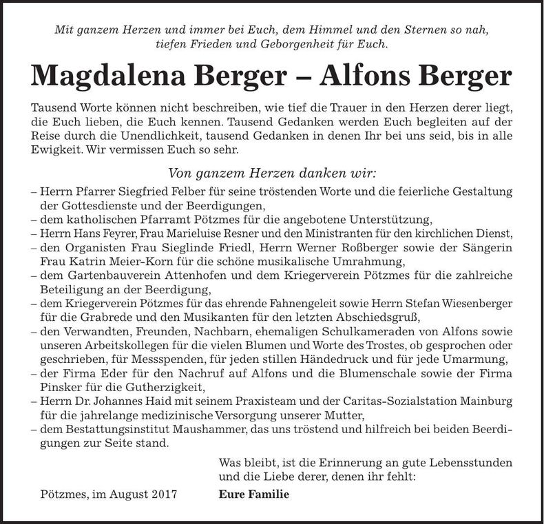 Traueranzeige Magdalena u. Alfons Berger