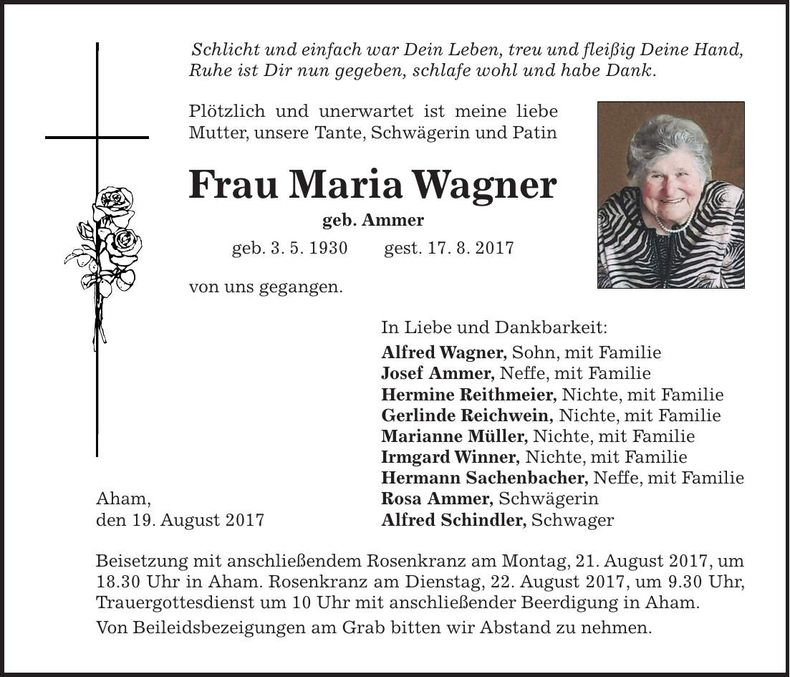 Traueranzeige Maria Wagner