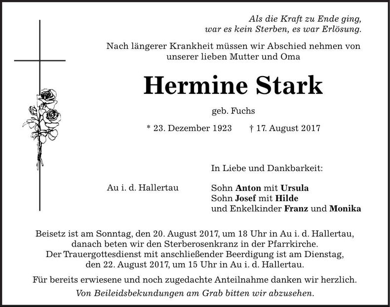 Traueranzeige Hermine Stark