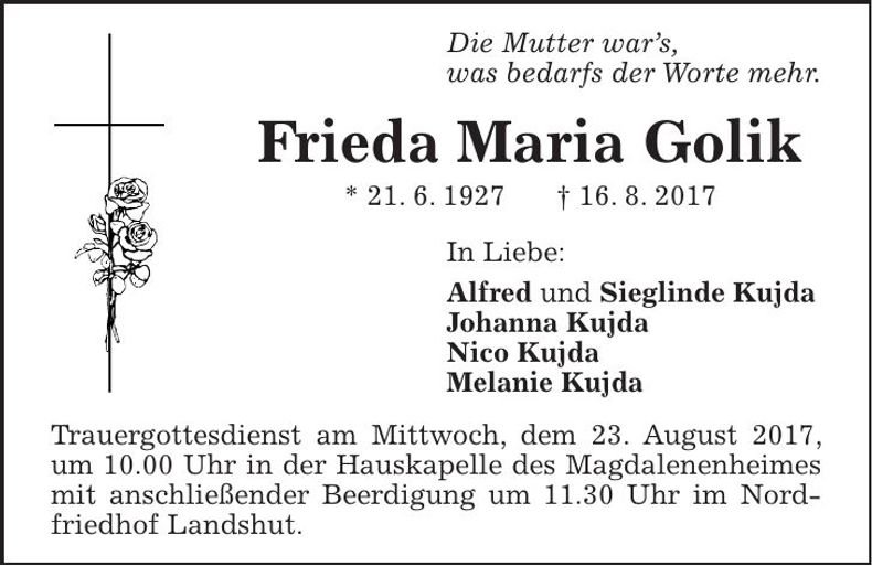 Traueranzeige Frieda Maria Golik