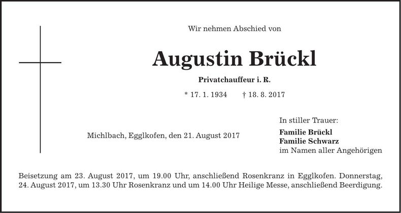 Traueranzeige Augustin Brückl