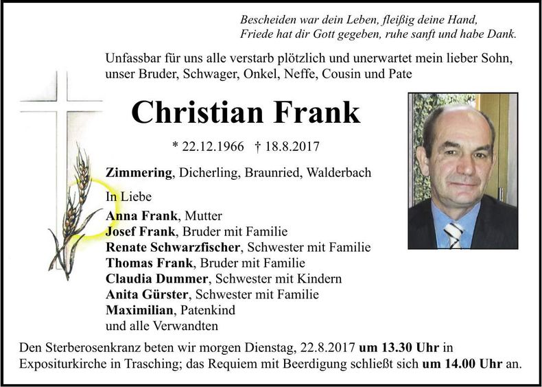 Traueranzeige Christian Frank