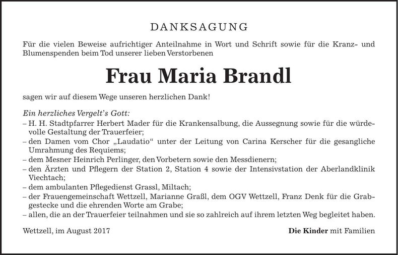 Traueranzeige Maria Brandl