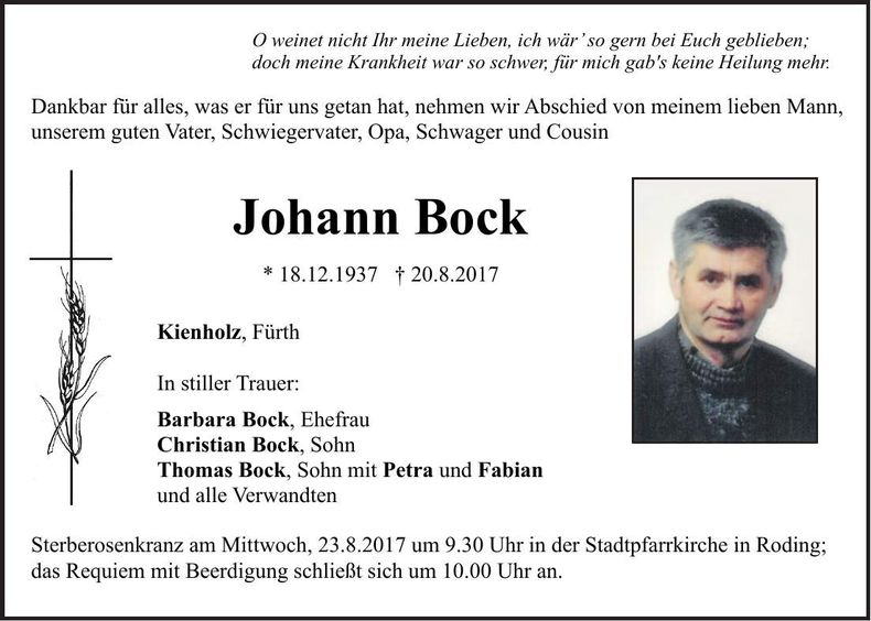 Traueranzeige Johann Bock